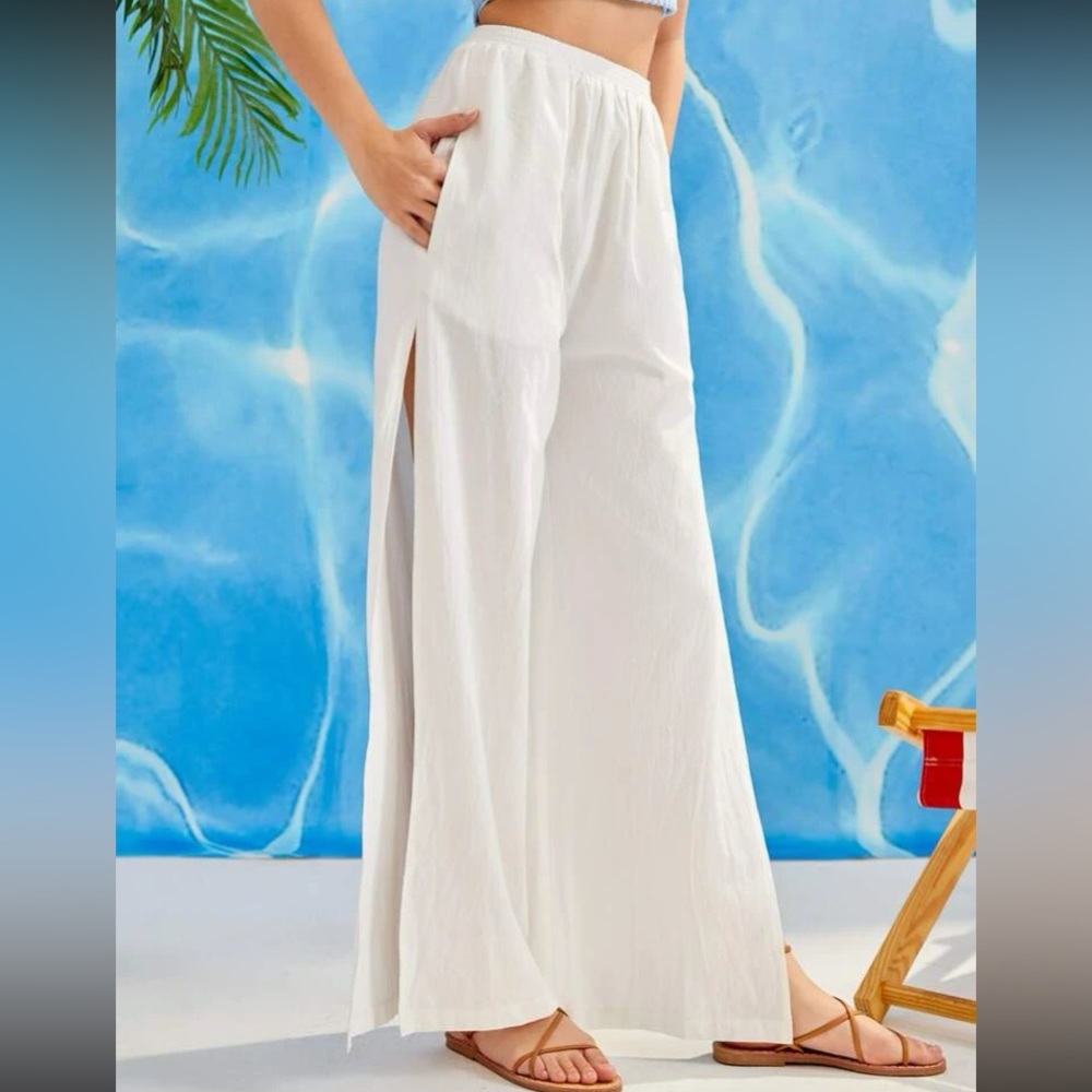 Elastic Waist Split Thigh Wide Leg Pants